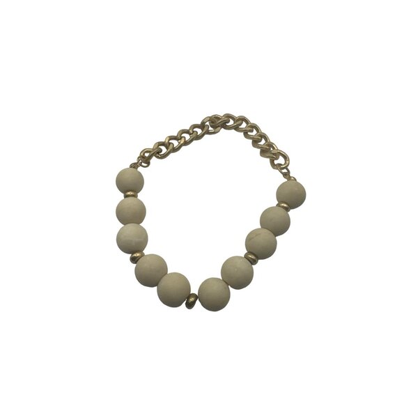 Cream Colored Beaded Gold Chain Stretch Bracelet 8 inch - Picture 5 of 6